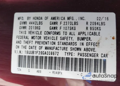 2016 Acura Tlx из США, поврежденный, VIN 19UUB1F39GA008672